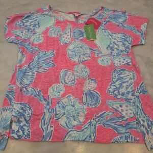 New Lilly Pulitzer Mikela 100% Linen Blouse Lg Pink Blue Seashell Coastal Beach